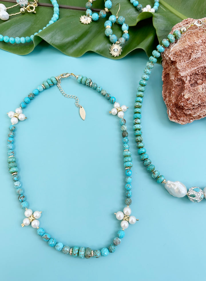 Turquoise with Flower pearls Necklace JN056 - FARRA