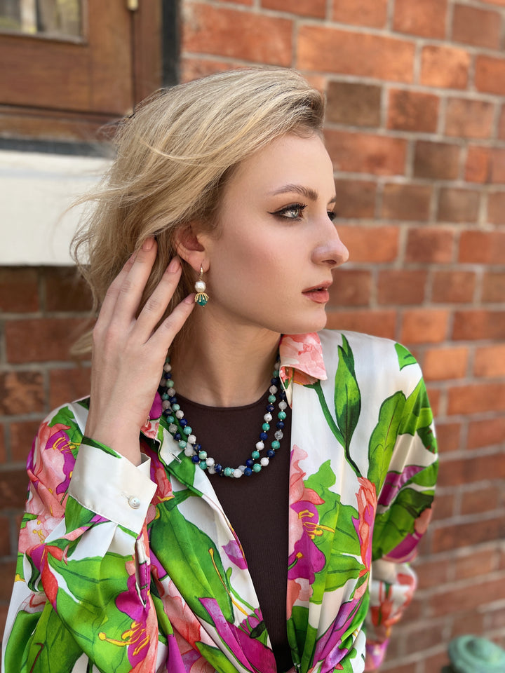 Freshwater Pearls With Aqua Jade Dangle Earrings HE008 - FARRA