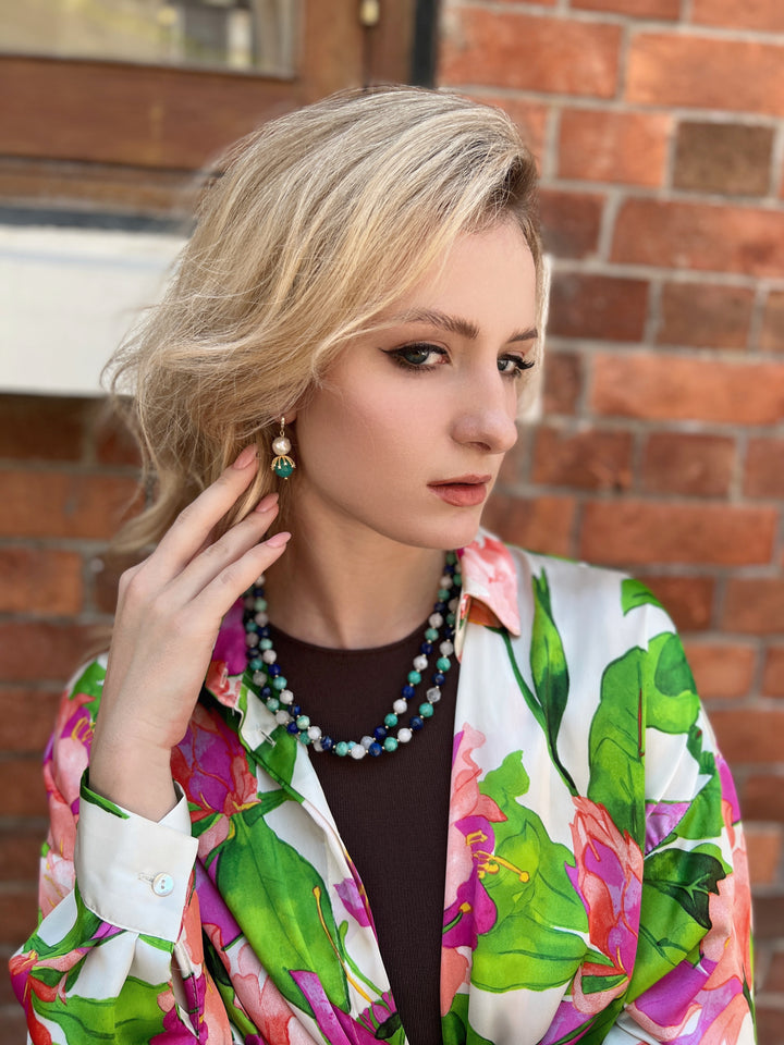 Freshwater Pearls With Aqua Jade Dangle Earrings HE008 - FARRA