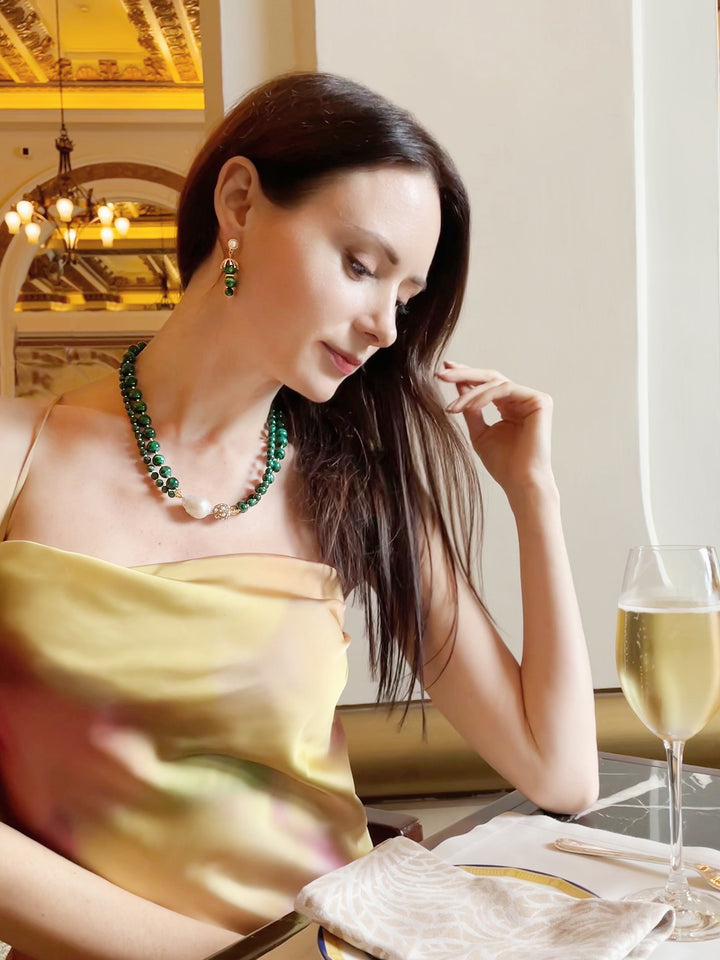 Baroque Pearl With Malachite Double Strands Statement Necklace GN015 - FARRA