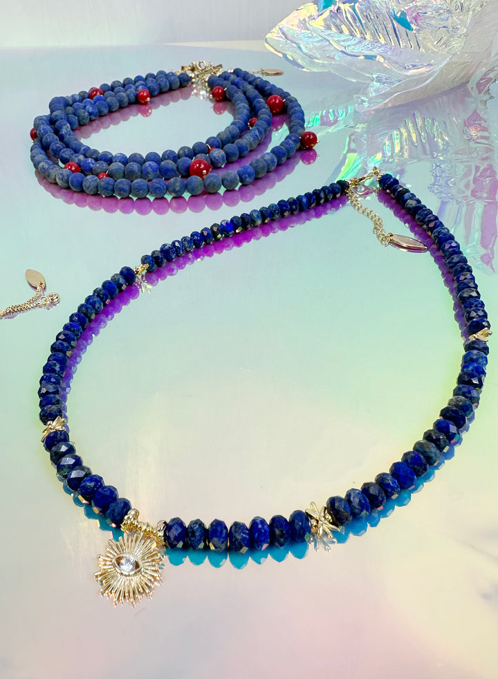 Dainty Lapis with Evil Eye Pendant Necklace JN026 - FARRA