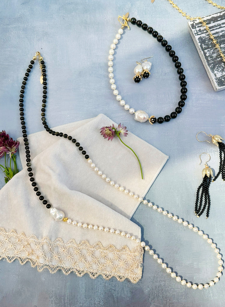 Black Obsidian and White Freshwater Pearls Long Necklace JN059 - FARRA