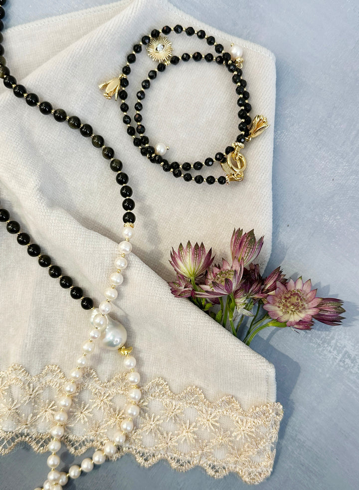 Black Obsidian and White Freshwater Pearls Long Necklace JN059 - FARRA
