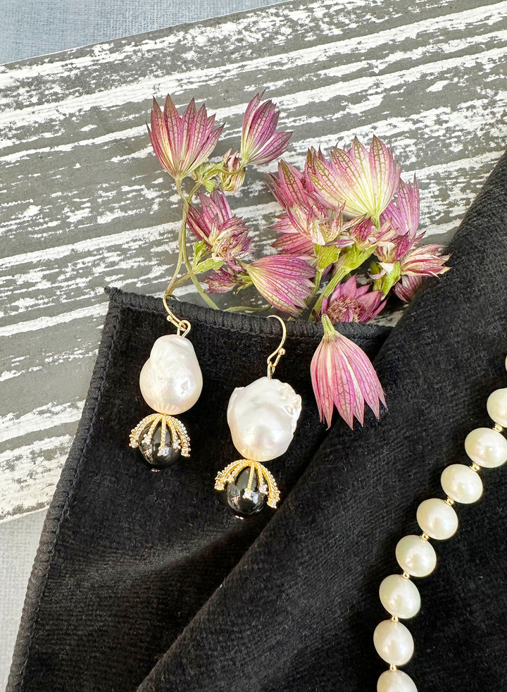 Baroque Pearls with Black Obsidian Earrings JE045 - FARRA
