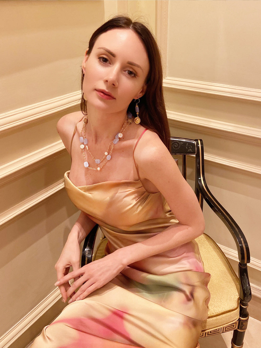 Blue Lace Agate With Daisy Flower Charm & Rhinestones Multi-Way Chain Necklace GN022 - FARRA