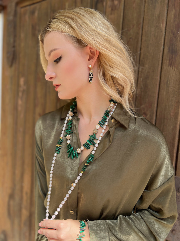 Malachite With Pearl Rhinestone Statement Necklace HN027 - FARRA