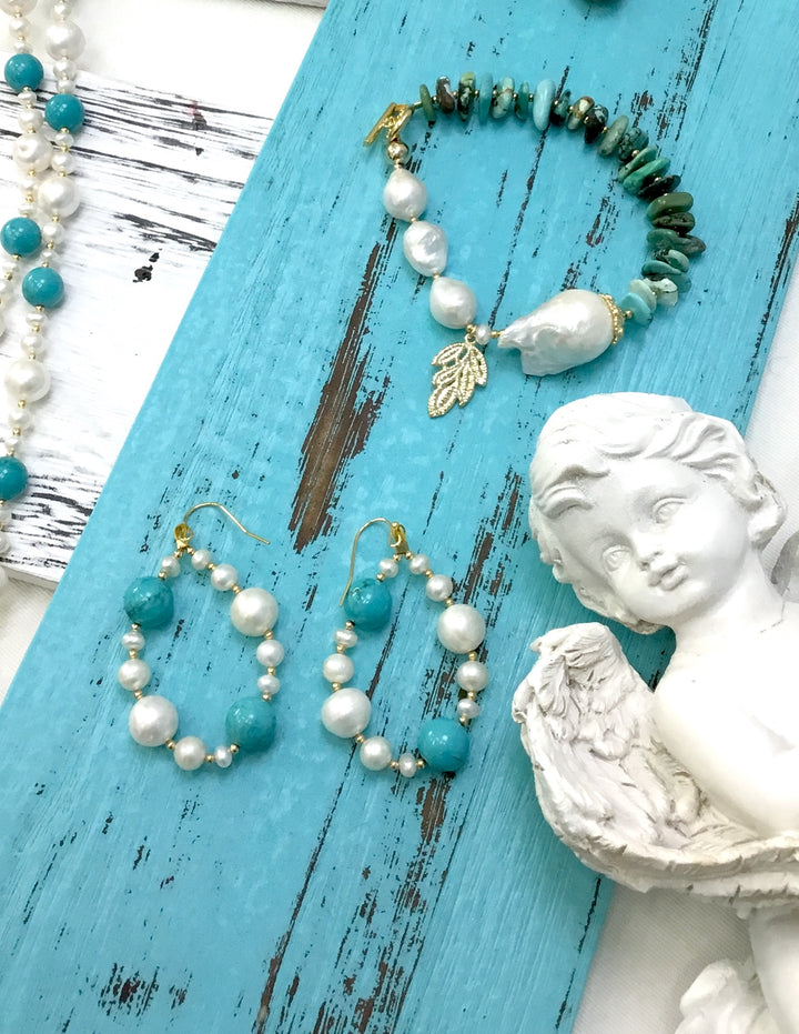 Freshwater Pearls with Turquoise Drop Earrings DE212 - FARRA