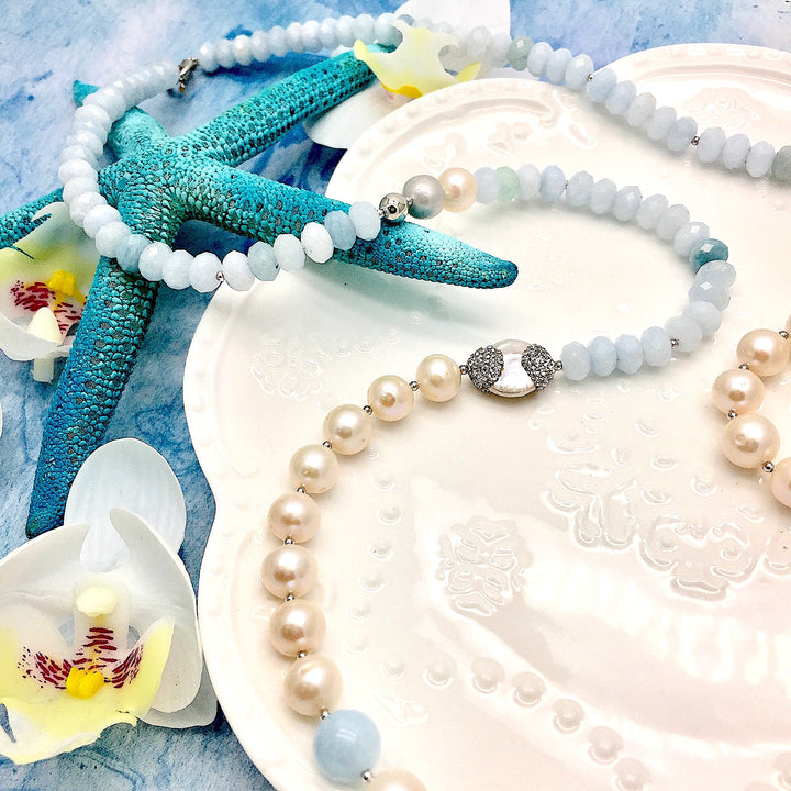 Freshwater Pearls With Aquamarine Long Necklace MN103 - FARRA