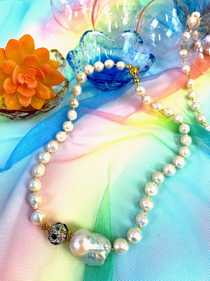 Edison Pearls With Baroque Pearls and Tourmaline Rhinestone Necklace EN026 - FARRA