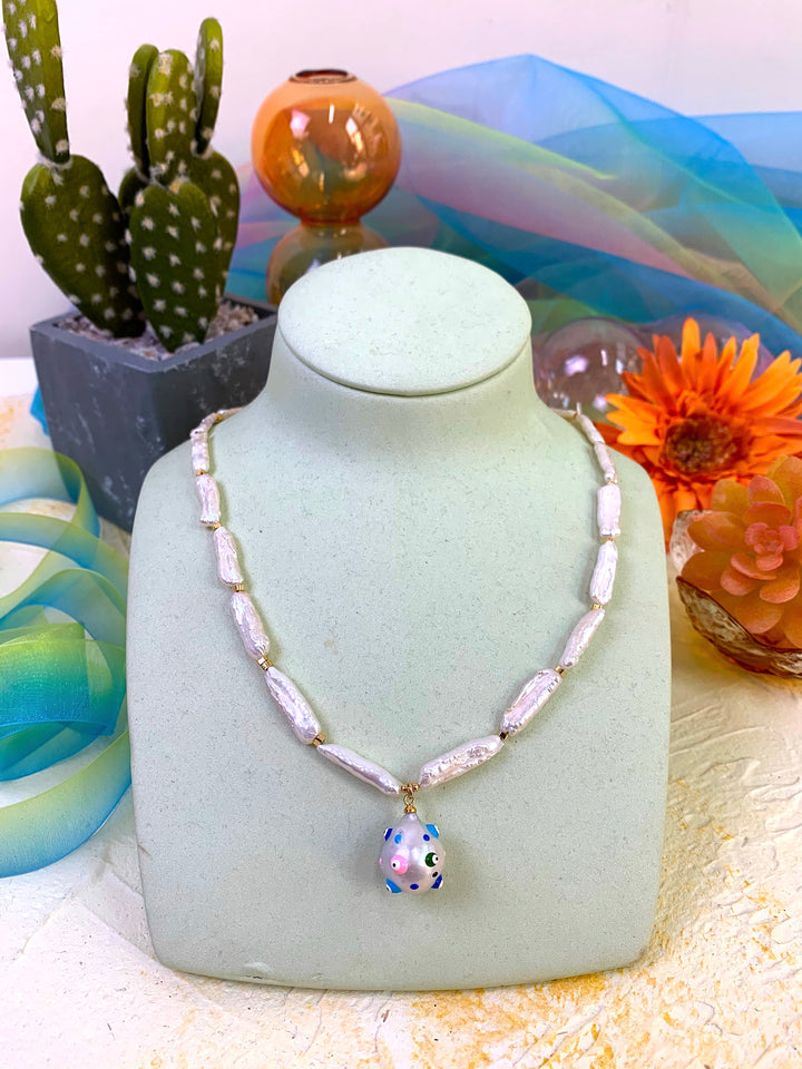 Freshwater Pearl With Evil Eye Pendant Necklace EN024 - FARRA