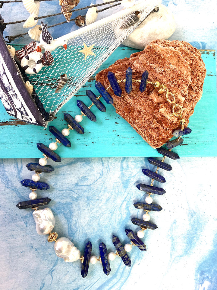 Lapis With Baroque Pearls Stylish Necklace EN020 - FARRA