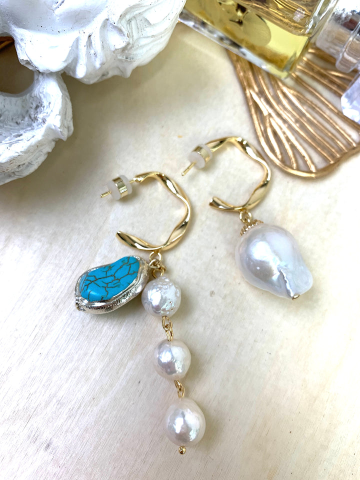 Freshwater Pearls With Turquoise Asymmetric Earrings EE008 - FARRA
