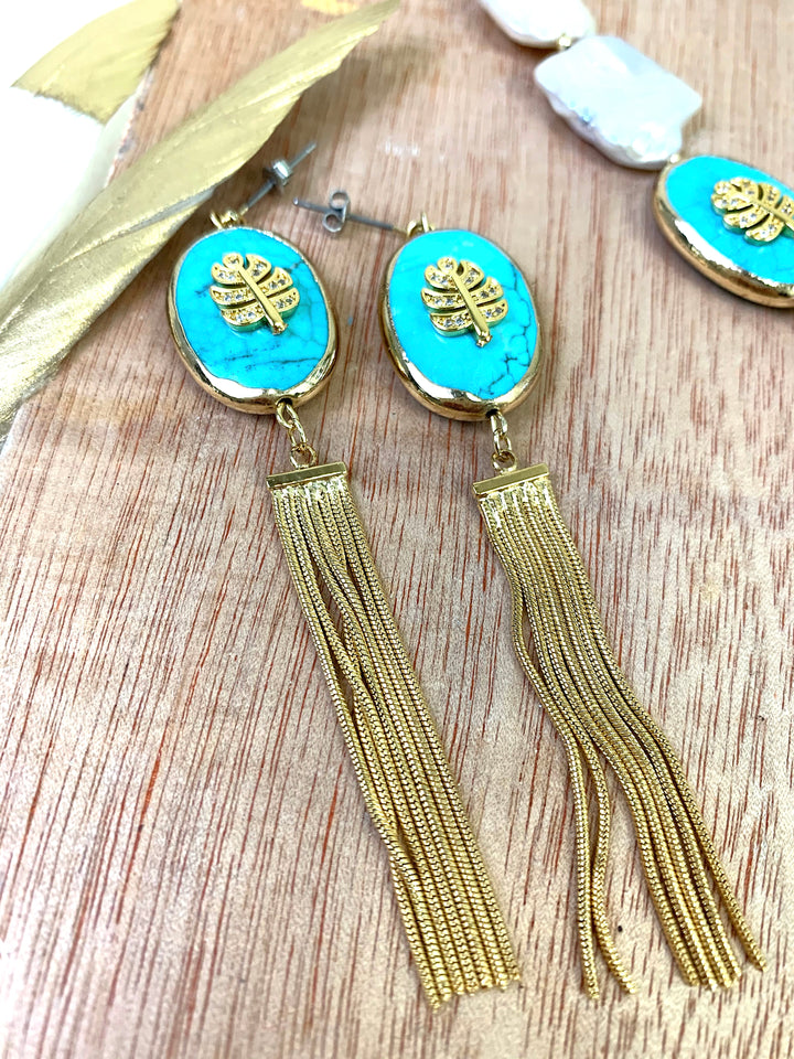 Turquoise Stone Fringe Earrings EE009 - FARRA