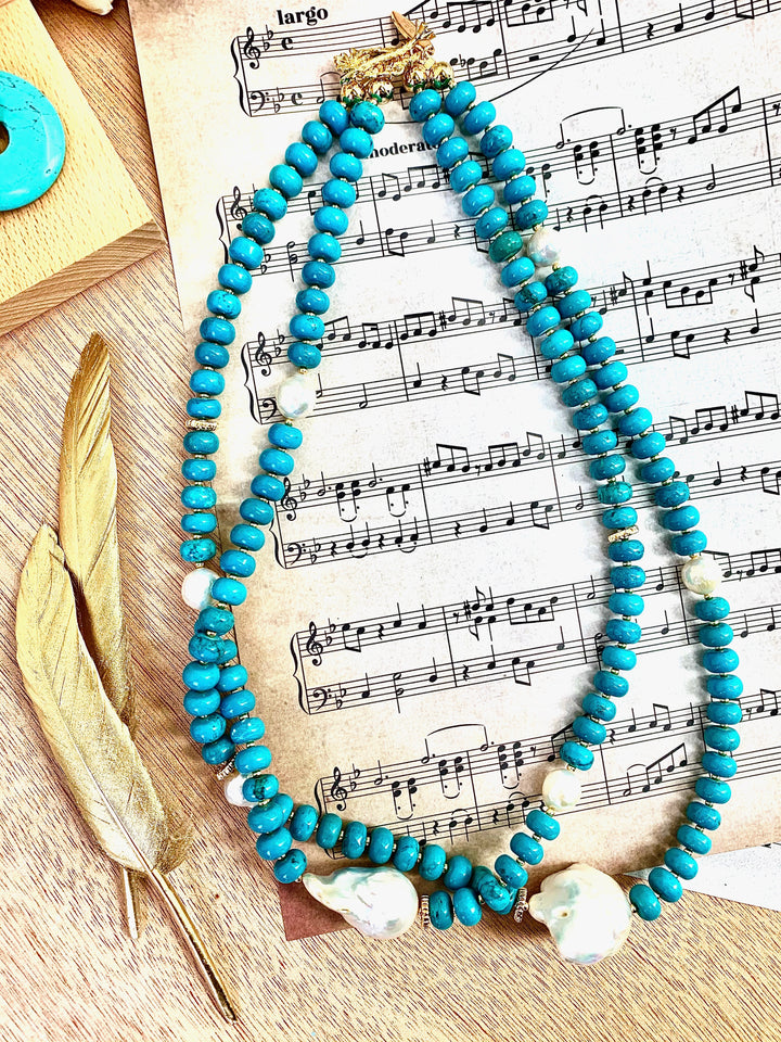 Turquoise With Baroque Pearls Double Layers Short Necklace EN013 - FARRA