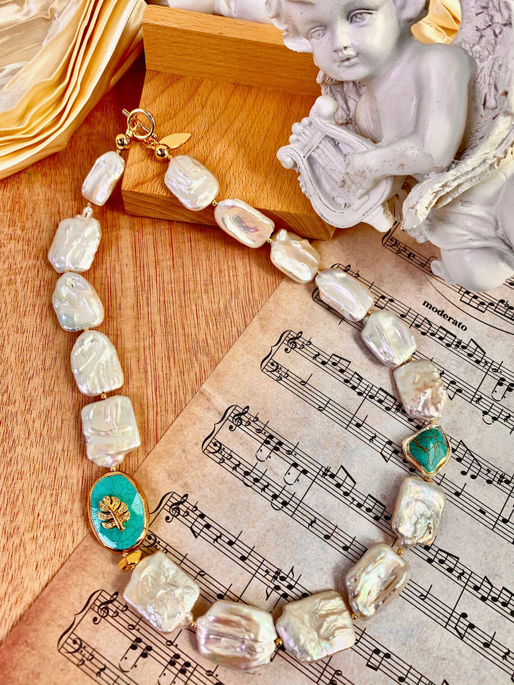 Rectangle Freshwater Pearls With Turquoise Stones Short Necklace EN011 - FARRA