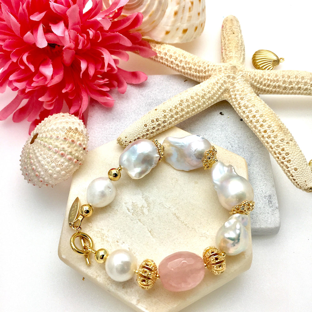 Freshwater Pearls & Rose Quartz Bracelet NPB006 - FARRA