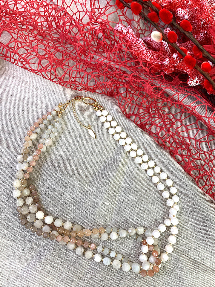 Moonstones With Freshwater Pearls Multi-Strands Necklace EN037 - FARRA
