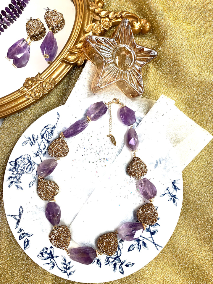 Natural Amethyst With Rhinestones Statement Necklace EN034 - FARRA