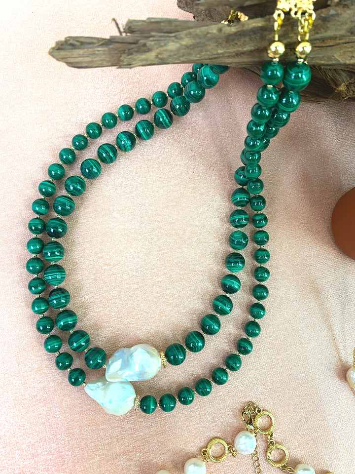 Malachite With Baroque Pearls Double Strands Necklace EN001 - FARRA