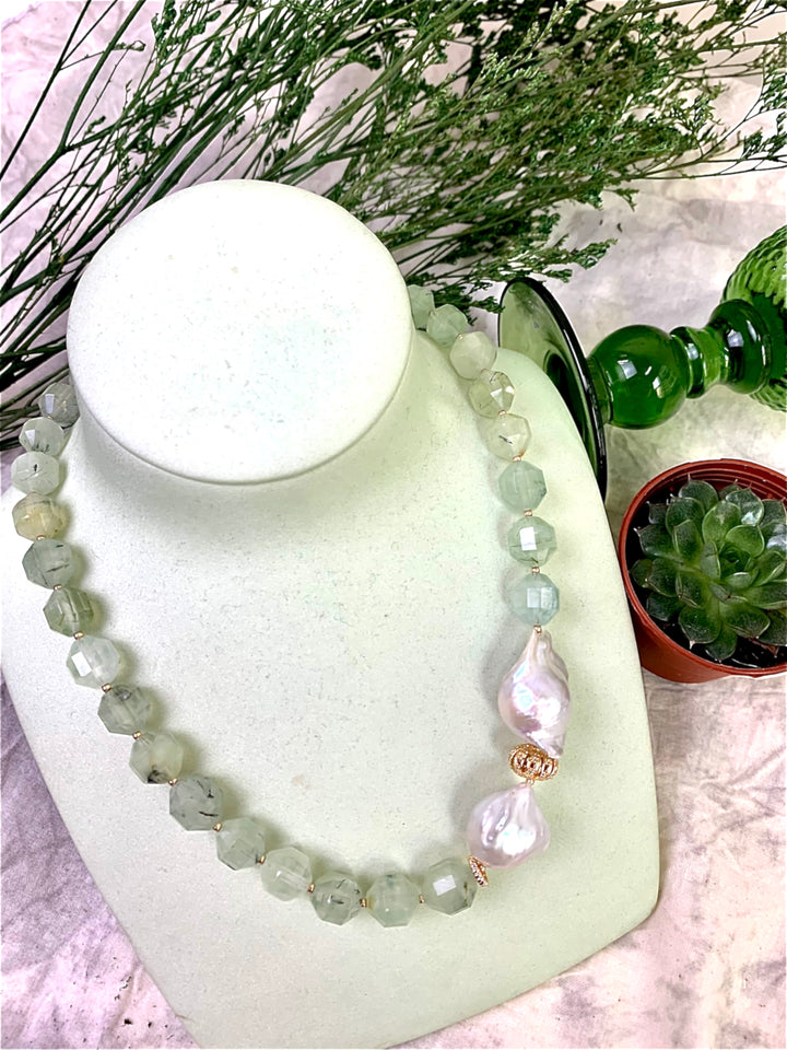 Prehnite with Baroque Pearl Short Necklace EN006 - FARRA