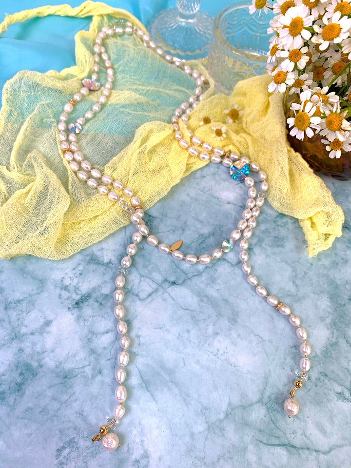 Freshwater Pearls With Swarovski Crystals Open Ended Long Necklace EN045 - FARRA