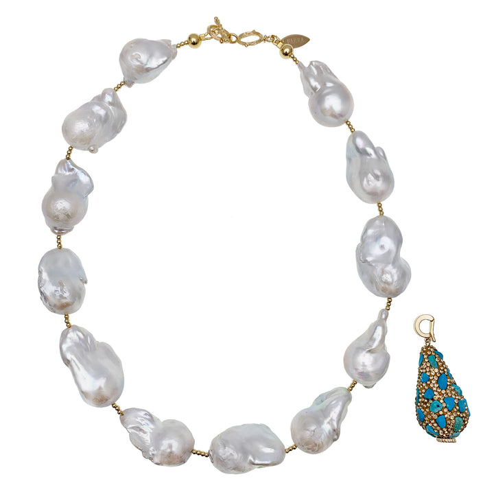 Baroque Pearls With Rhinestone Bordered Turquoise Charm Necklace EN012 - FARRA