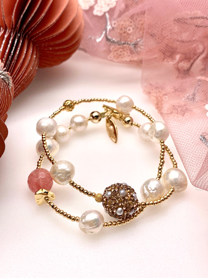 Freshwater Pearls With Watermelon Quartz Double Wrapped Bracelet GB004 - FARRA