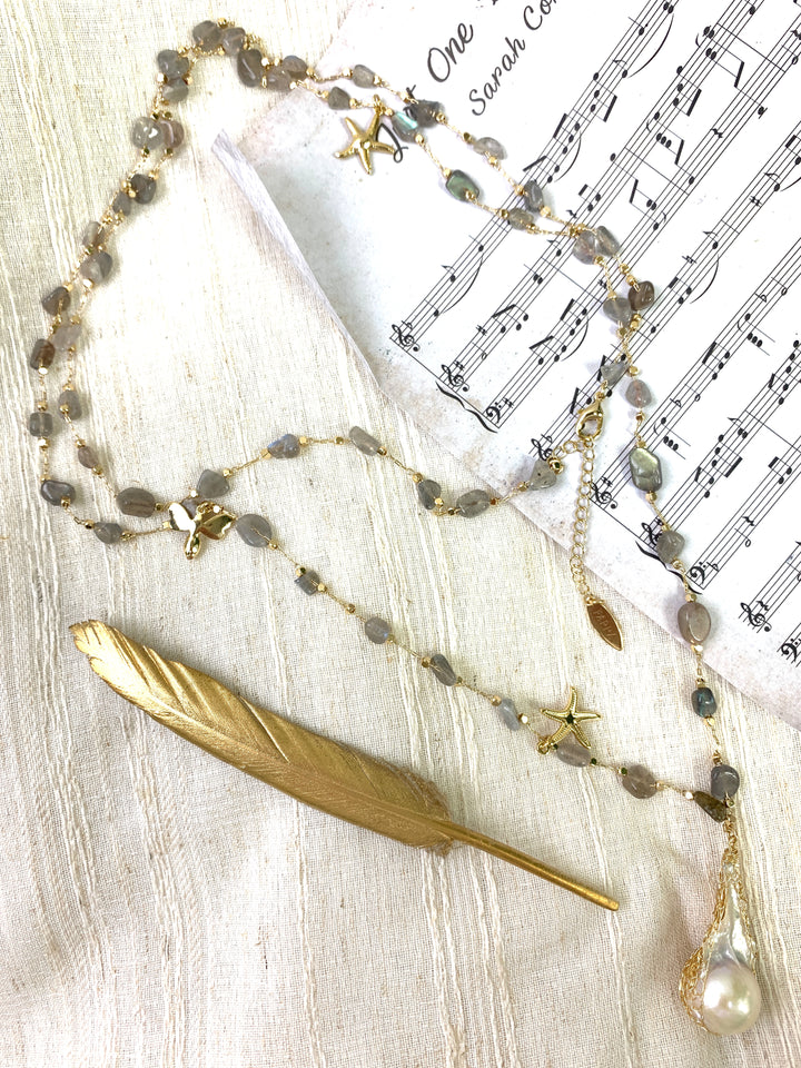 Labradorite Stones With Baroque Pearl Multi-way Necklace GN039 - FARRA