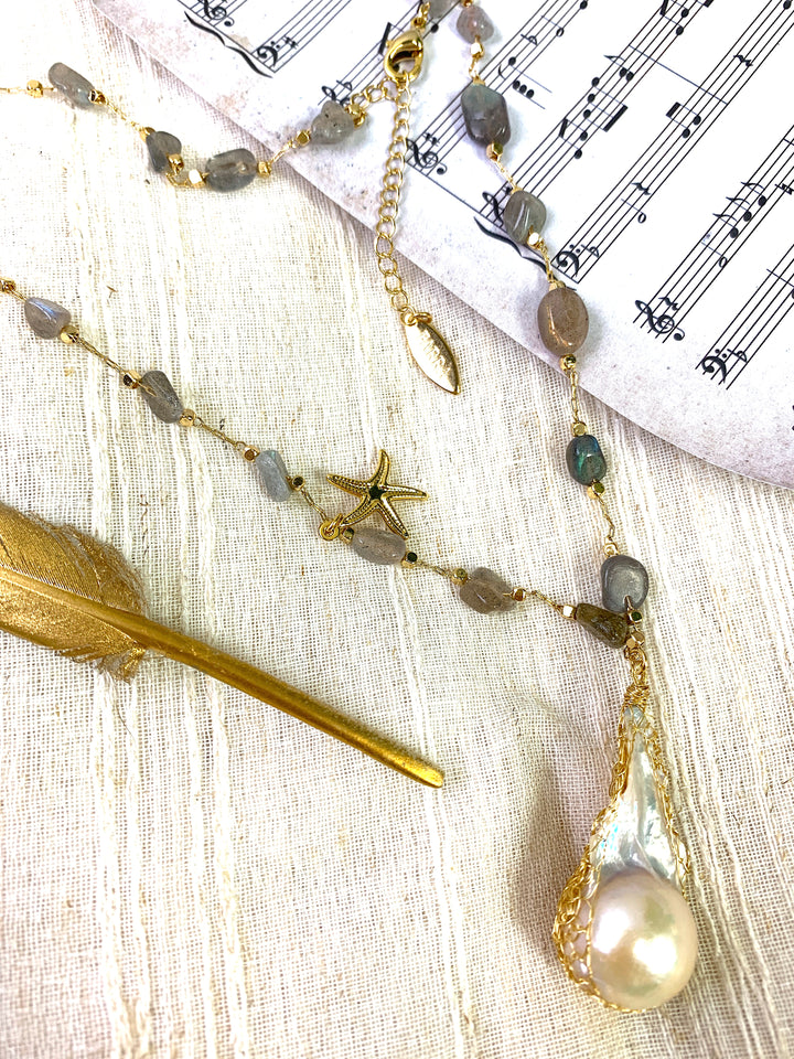 Labradorite Stones With Baroque Pearl Multi-way Necklace GN039 - FARRA