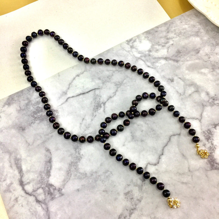 Black Freshwater Pearls Open Ended Necklace AN055 - FARRA