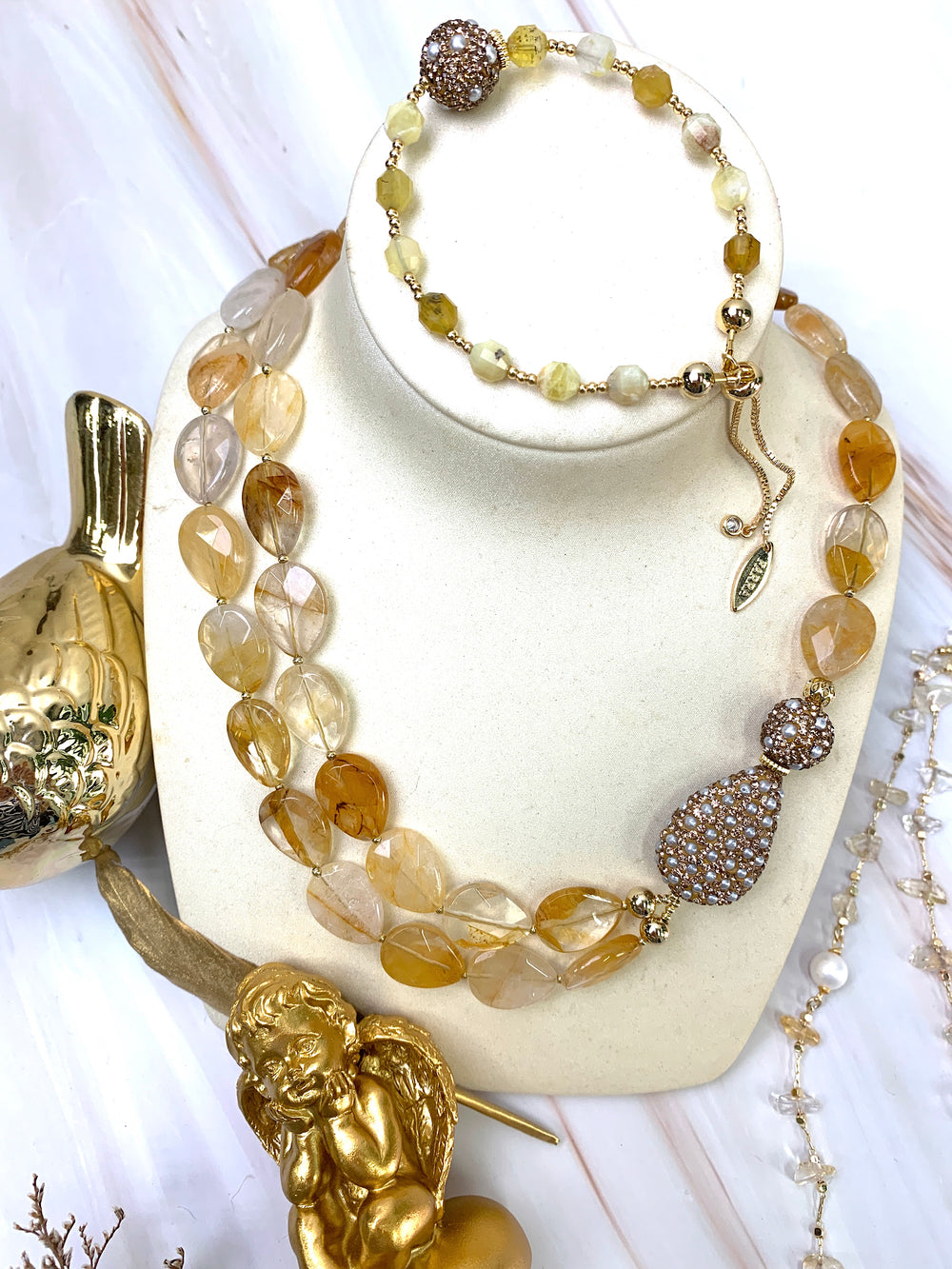 Yellow Citrine With Rhinestones Asymmetric Necklace GN029 - FARRA