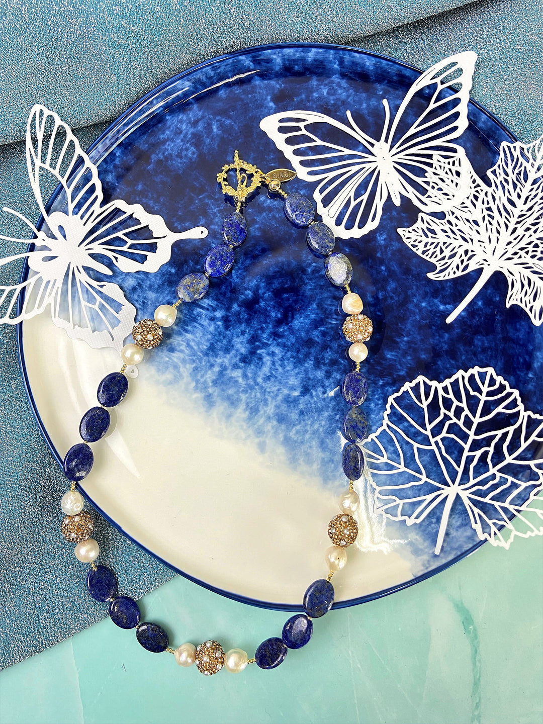 Lapis With Freshwater Pearl With Rhinestone Necklace GN017 - FARRA