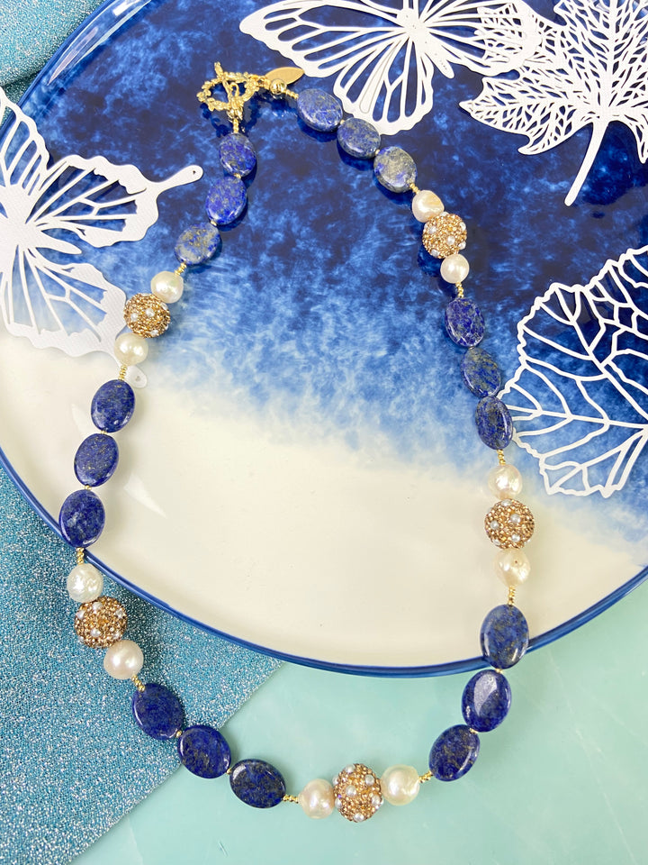 Lapis With Freshwater Pearl With Rhinestone Necklace GN017 - FARRA