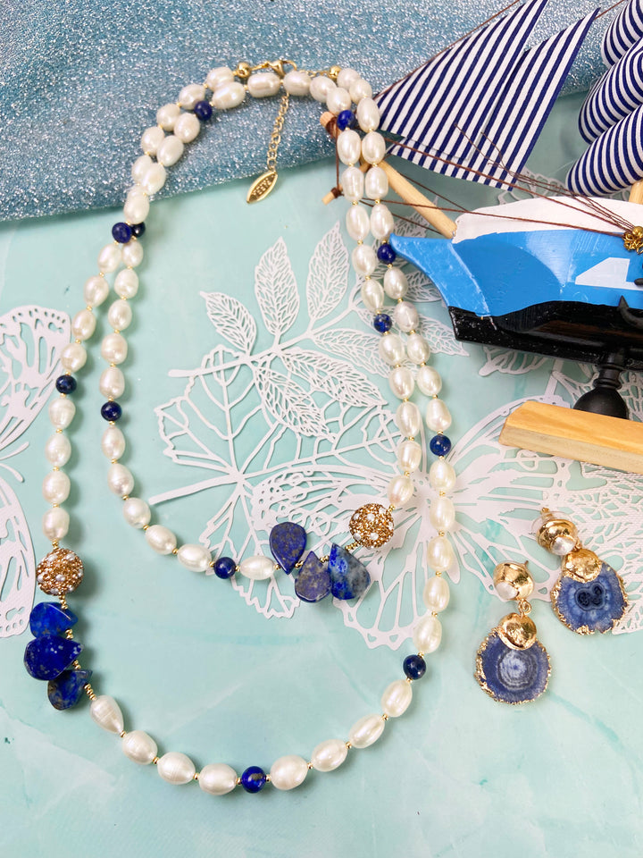 Freshwater Pearls With Lapis & Rhinestones Multi-Way Necklace GN019 - FARRA