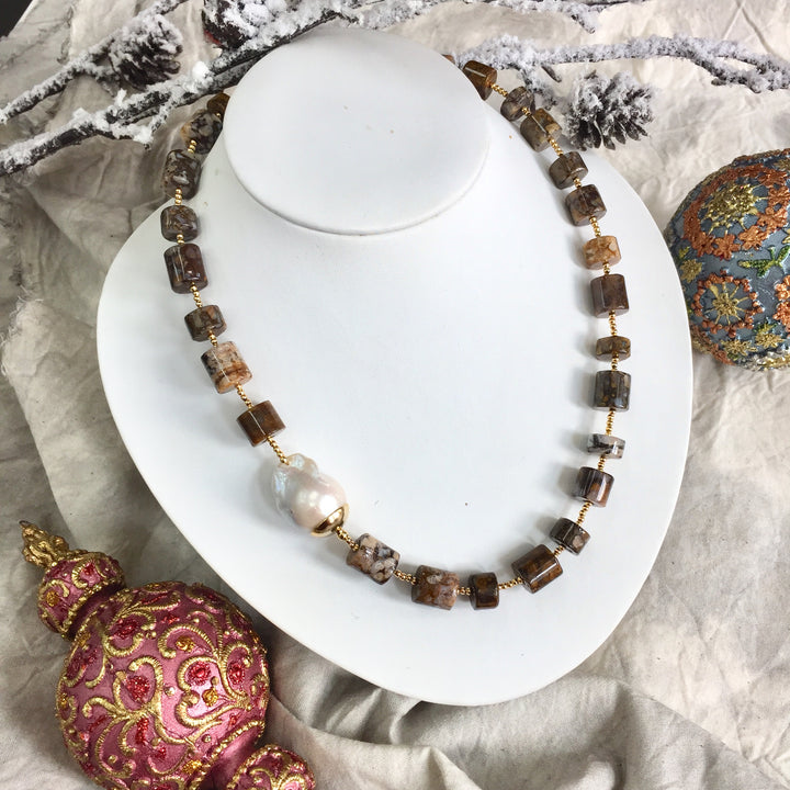 Fire Opal With Baroque Pearl Necklace CN027 - FARRA