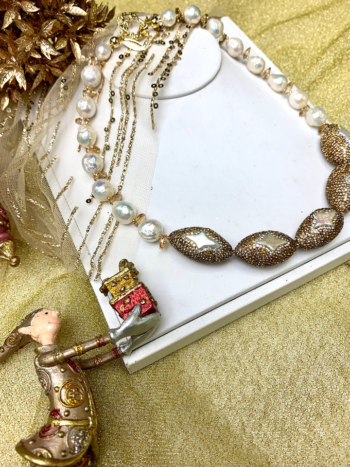 Irregular Freshwater Pearls with Rhinestone Statement Necklace FN033 - FARRA