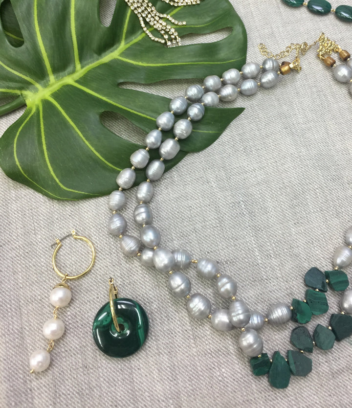 Donut Shaped Malachite & Freshwater Pearls Asymmetric Earrings CE033 - FARRA