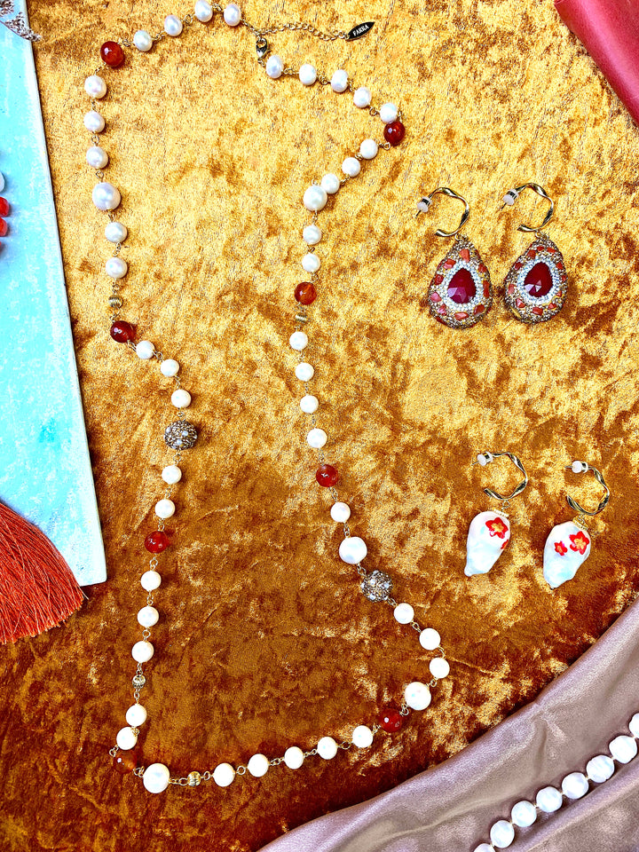 Freshwater Pearls with  Red Agate Chain Necklace FN007 - FARRA