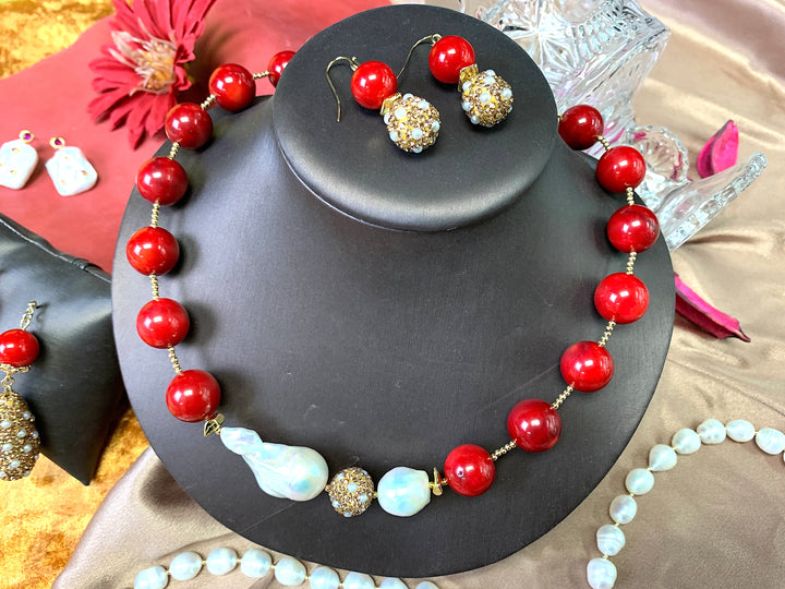 Round Corals With Baroque Pearls & Rhinestone Short Necklace FN005 - FARRA