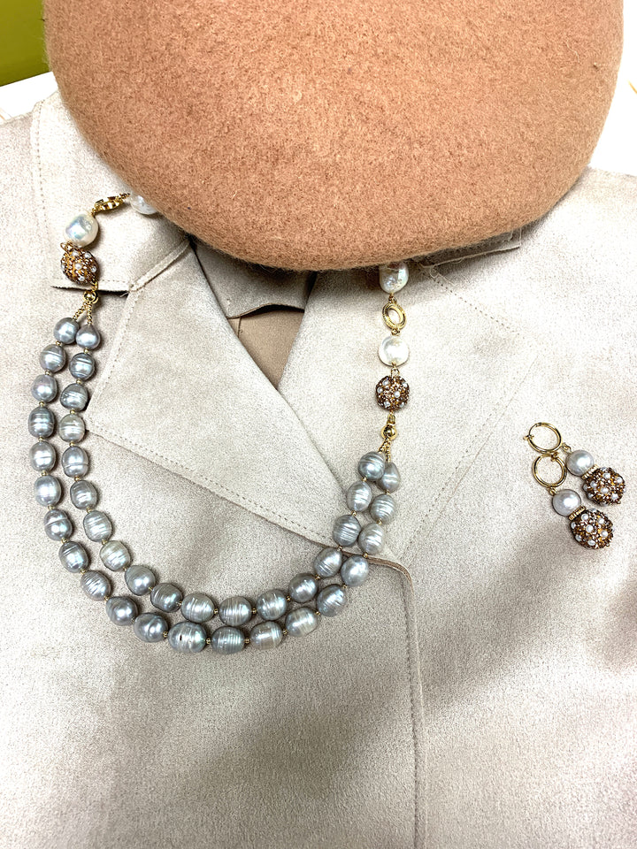 Gray Freshwater Pearls With Rhinestones Bordered Pearls Classic Clip On Earrings FE020 - FARRA