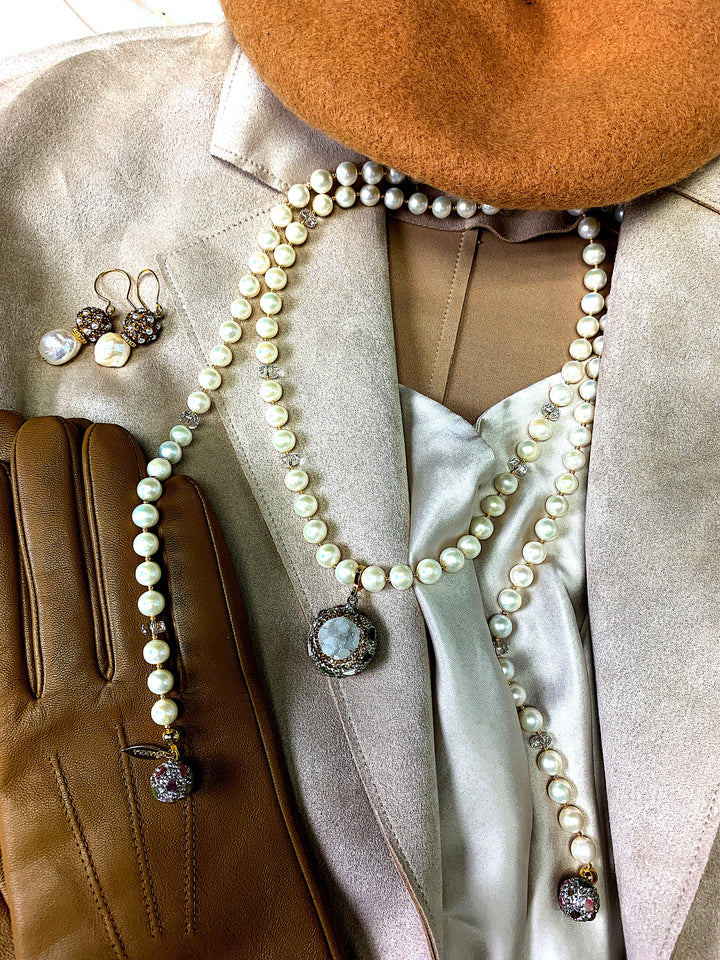 Freshwater Pearls With Tourmaline Rhinestones Open Ended Multi-way Necklace FN025 - FARRA