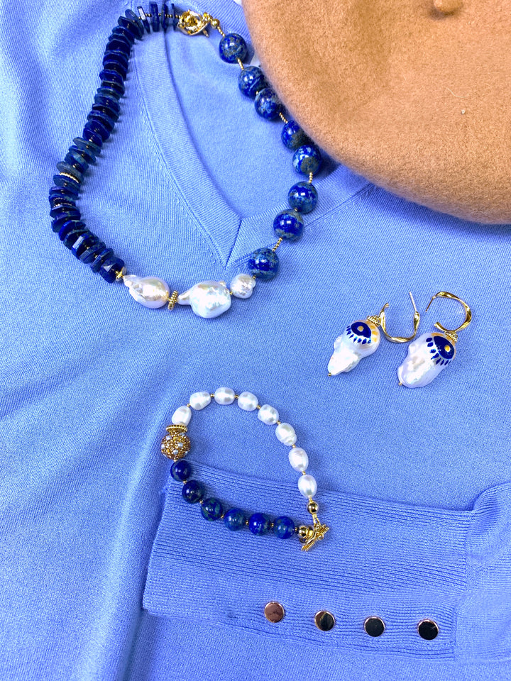 Freshwater Pearls With Lapis Color Blocking Bracelet FB001 - FARRA