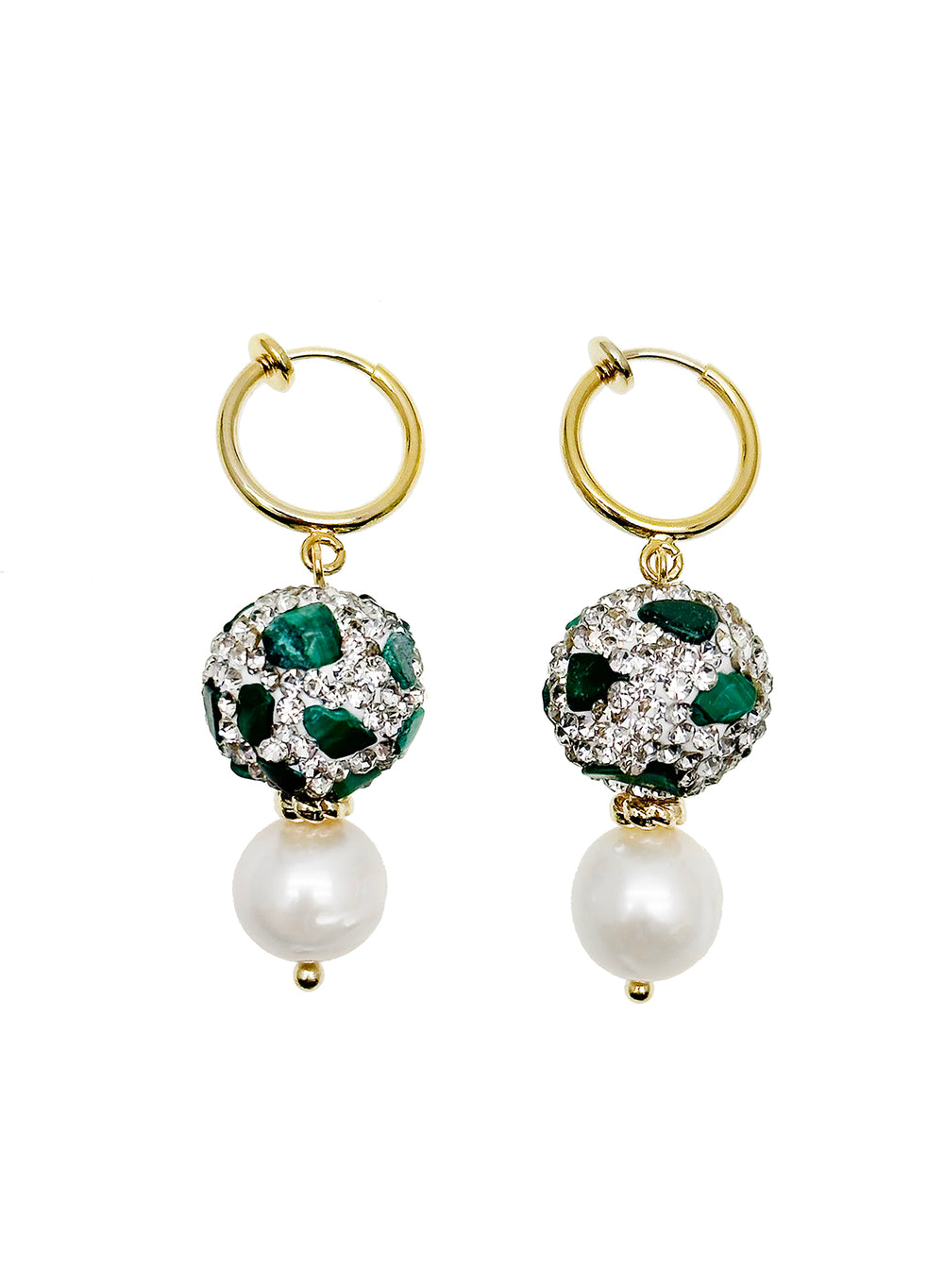 Malachite Rhinestone With Freshwater Pearls Clip-on Earrings JE036 - FARRA