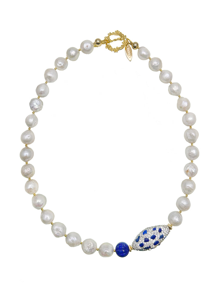 Irregular Freshwater Pearls with Lapis Rhinestone Statement Necklace JN027 - FARRA