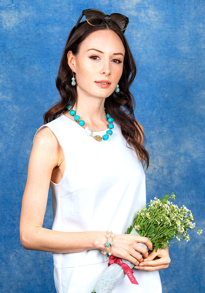 Freshwater Pearls With Rhinestones bordered Turquoise Dangle Earrings EE007 - FARRA