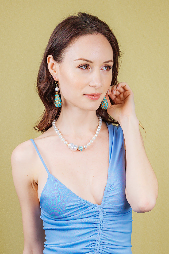 Freshwater Pearls With Baroque & Turquoise Short Necklace EN009 - FARRA
