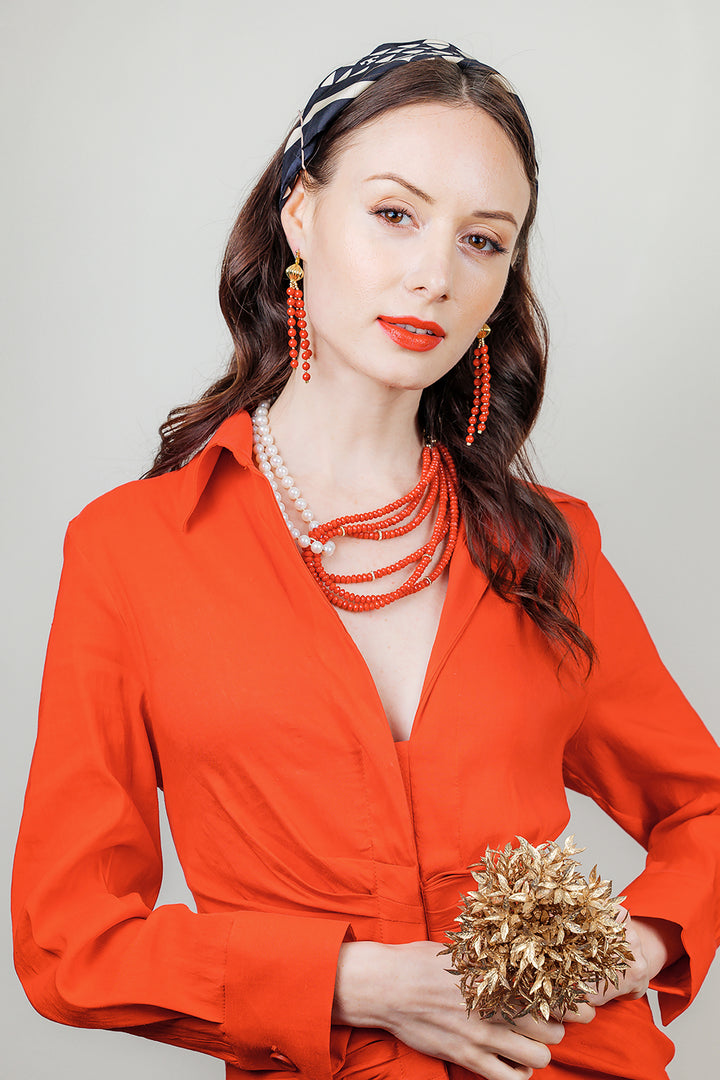 Red Corals With Freshwater Pearls Multi-Strands Necklace EN039 - FARRA