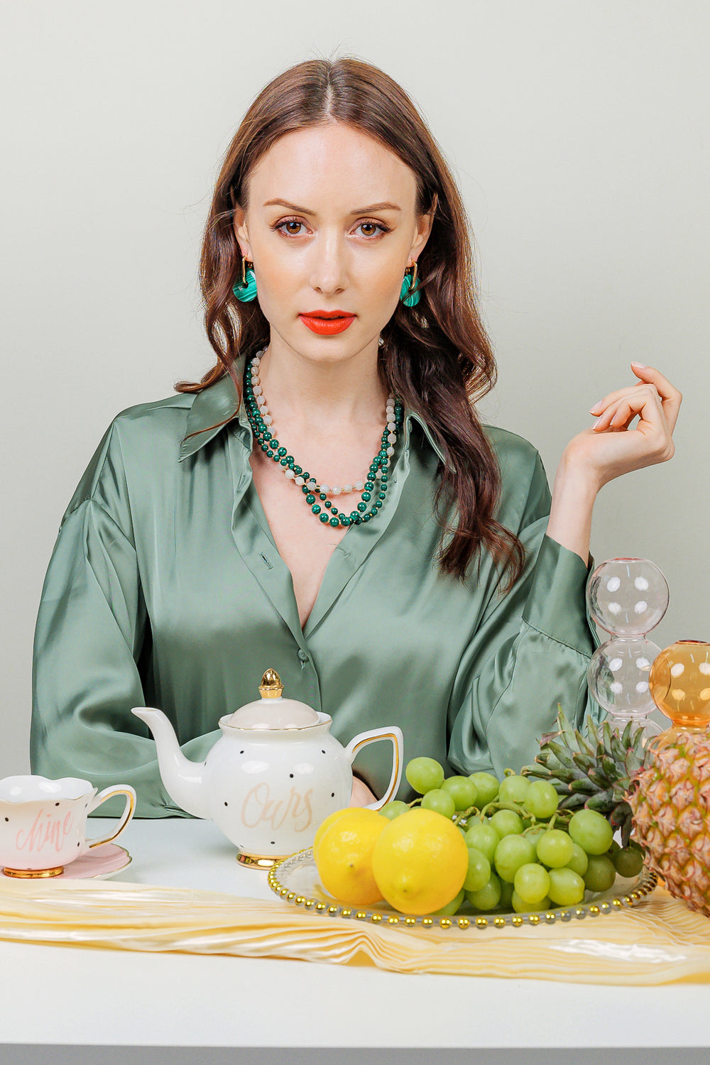 Malachite With Moon Stone Triple Strands Necklace EN004 - FARRA