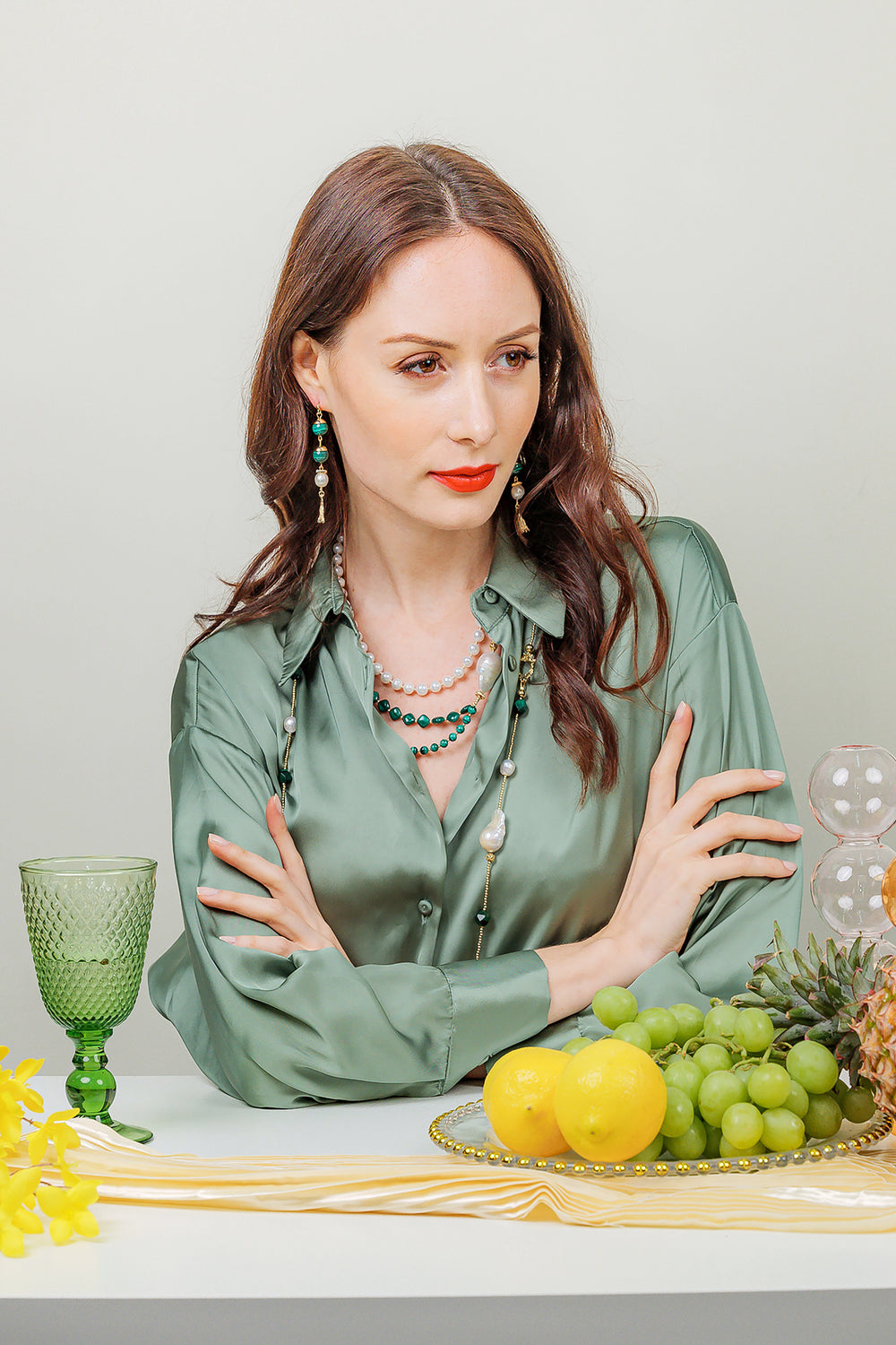 Malachite With Freshwater Pearl Multi-way Long Necklace EN005 - FARRA