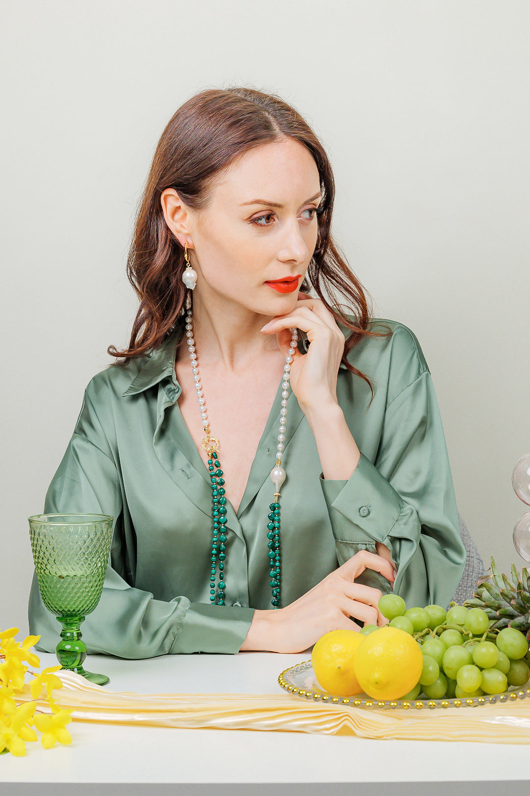 Malachites With Freshwater Pearls Multi Strands Necklace EN003 - FARRA